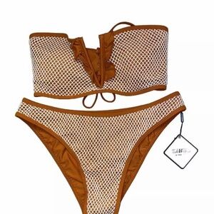 Zaful 2 Piece Swimsuit Orange with Off White Mesh. NWT. Size 8/10. NWT.